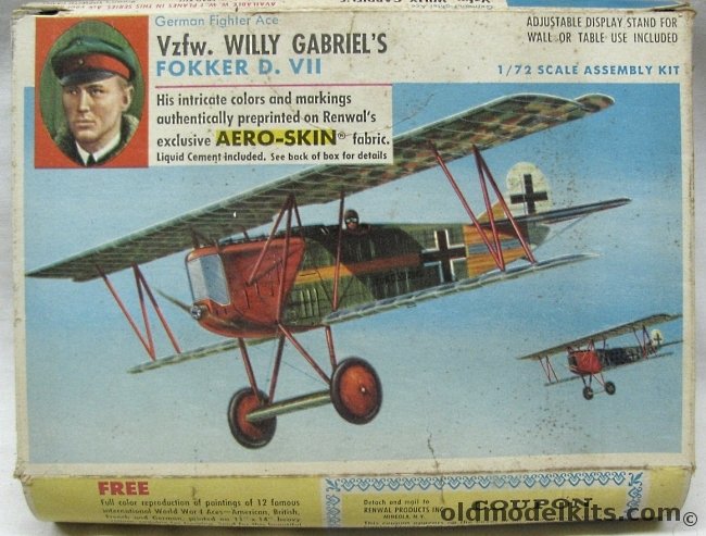 Renwal 1/72 Fokker DVII (D-VII) Aeroskin - Vzfw. Willy Gabriel's Aircraft, 270-79 plastic model kit